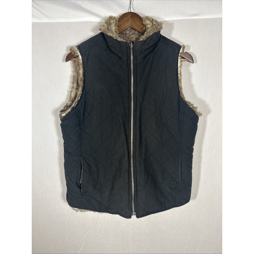 Charter Club Quilted Vest Faux Fur Trim Black Womens Medium Zip Front Pockets